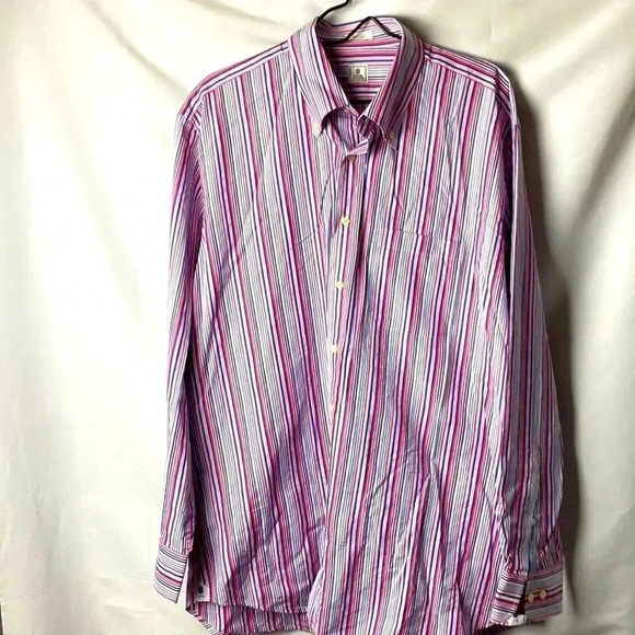 PETER MILLAR MENS SIZE 17/43 COTTON LONG SLEEVE SHIRT PINK  PURPLE NAVY STRIPES - Picture 1 of 14